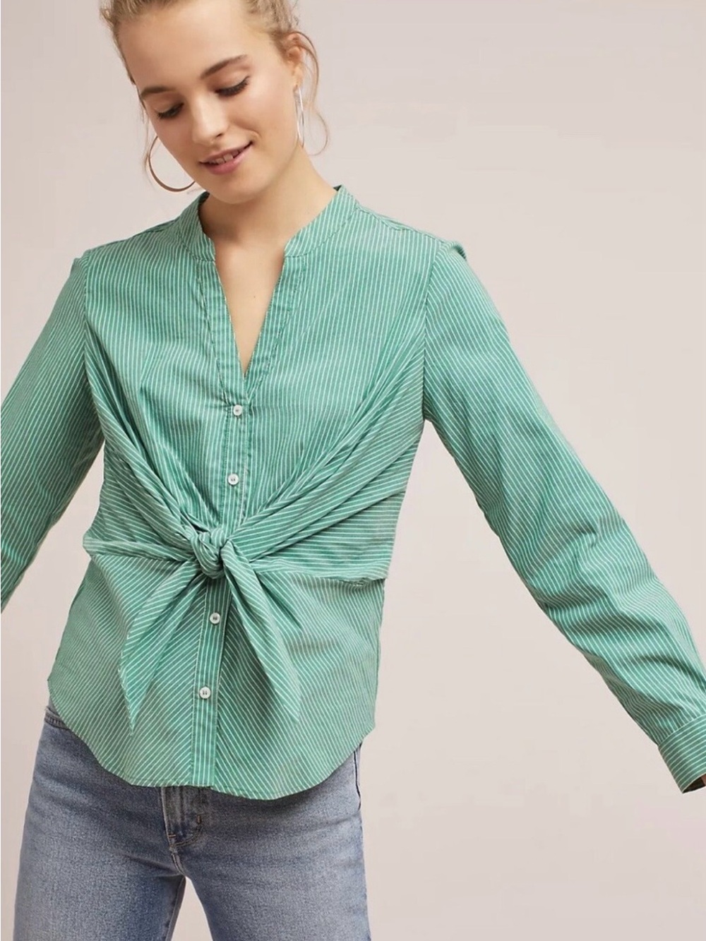 Anthropologie Maeve Katherine Green Pinstripe Front Tie Blouse